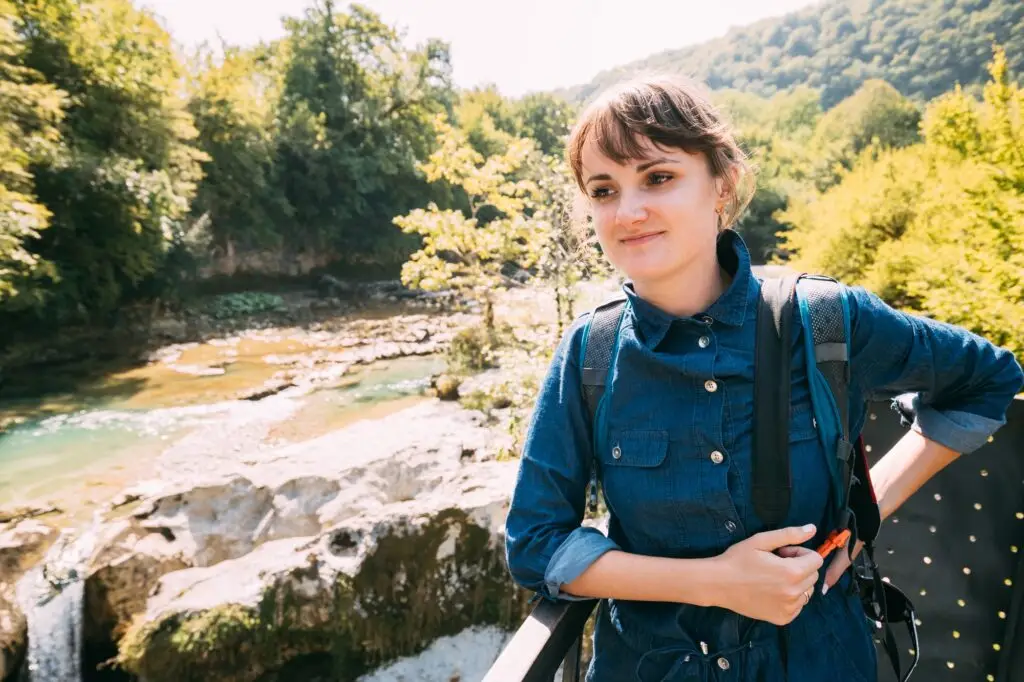 Martvili Canyon, Georgia. Tourist Young Beautiful Pretty Caucasi